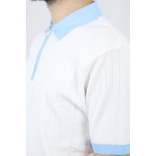 Fermuarlı Polo Yaka Regular Fit Fitilli Erkek Triko | Ventov Beyaz Açık Mavi Yaka - S