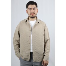 Çizgili Pamuk Karışımlı Relaxed Fit Erkek Gömlek | Ventov Krem - Xl