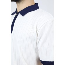 Fermuarlı Polo Yaka Regular Fit Fitilli Erkek Triko | Ventov Beyaz Lacivert Yaka - M