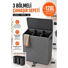 Vaelmont 3 Bölmeli Kapaklı Çamaşır Sepeti, 128 Litre Geniş Hacim ve Taşınabilirlik