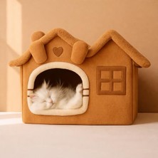 Aesco Villa Kedi Evi Peluş Kapalı Kedi Yatağı Minderli Katlanır (Camel)