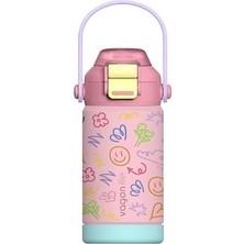 Aesco 360 ml Çocuk Termosu Tek Kapak Çift Kullanım Pipetli Rahat Içim Kulplu Paslanmaz Çelik Termos 1104-360ML Pembe