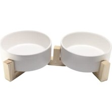 Aesco Kedi  Su Kabı Ahşap Standı ve Seramik Kasesi Yavru Evcil Hayvan Minimalist Design (Beyaz, Çiftli)