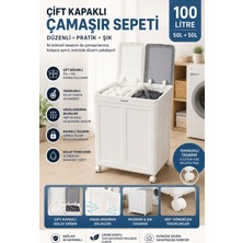 Funny Life 100 Lt Çift Kapaklı Çamaşır Sepeti Tekerlekli 2 Bölmeli Kirli Çamaşır Düzenleyici
