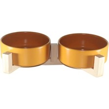 Aesco Kedi  Su Kabı Ahşap Standı ve Seramik Kasesi Yavru Evcil Hayvan Minimalist Design (Hardal, Çiftli)