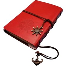 Aesco Retro Vintage Pusula Baskılı Çapa ve Dümen Kolye Uçlu Deri Kapaklı Günlük Not Defteri Denizci Defter Özel Tasarım Hediyelik Kırmızı