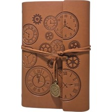 Aesco Retro Vintage Saat ve Çark Baskılı Saat Kolye Uçlu Deri Kapaklı Günlük Not Defteri Zamanın Kıymetini Bilenlere Özel Tasarım Hediyelik Açık Kahve