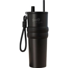 Aesco Lüks Çelik Termos Bardak - Çift Yalıtımlı Pipetli Mug - Mat Siyah-Sıcak-Soğuk