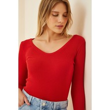 TeknoKapsül Happiness Istanbul Kadın Kırmızı V Yaka Fitilli Likralı Örme Bluz GT00057