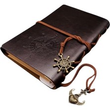 Aesco Retro Vintage Pusula Baskılı Çapa ve Dümen Kolye Uçlu Deri Kapaklı Günlük Not Defteri Denizci Defter Özel Tasarım Hediyelik Siyah