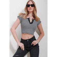 TeknoKapsül Trend Alaçatı Stili Siyah Çıt Çıt Kapamalı Çizgili Crop Örme Bluz ALC-X11552