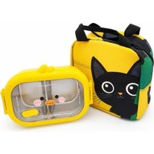 Aesco 304 Paslanmaz Çelik Çocuk Beslenme Kabı Kedili Termal Çantalı 2 Bölmeli Lunch Box Yemek Kabı