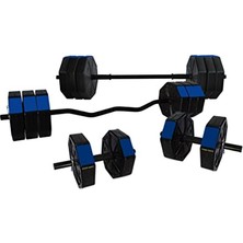 Aesco Tan Spor 100  Düz Bar (150 Cm) + Z Bar (120 Cm) Dambıl Ağırlık Halter Full Set Mavi Kapaklı