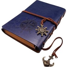 Aesco Retro Vintage Pusula Baskılı Çapa ve Dümen Kolye Uçlu Deri Kapaklı Günlük Not Defteri Denizci Defter Özel Tasarım Hediyelik Mavi