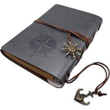 Aesco Retro Vintage Pusula Baskılı Çapa ve Dümen Kolye Uçlu Deri Kapaklı Günlük Not Defteri Denizci Defter Özel Tasarım Hediyelik Gri