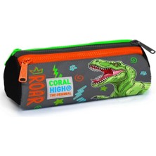 Aesco Gri Yeşil T-Rex Üç Bölmeli Kalem Çantası -Erkek Çocuk
