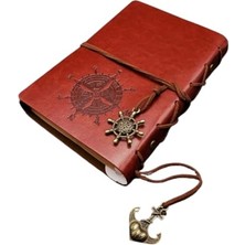 Aesco Retro Vintage Pusula Baskılı Çapa ve Dümen Kolye Uçlu Deri Kapaklı Günlük Not Defteri Denizci Defter Özel Tasarım Hediyelik Kahverengi