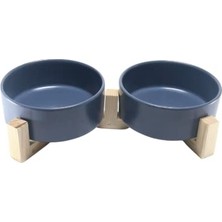 Odea Kedi  Su Kabı Ahşap Standı ve Seramik Kasesi Yavru Evcil Hayvan Minimalist Design (Mavi, Çiftli)