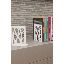 Odea Ağaç Desenli Beyaz Metal Kitap Tutucu, Metal Kitap Desteği, (Ikili Set) MK8B