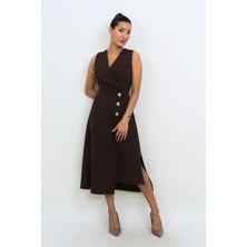 Dorne Moda Gold Düğme Detaylı Midi Elbise - Düğün - Mezuniyet - Ofis Şıklığı