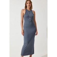 TeknoKapsül Happiness Istanbul Kadın Füme Halter Yaka Yazlık Çelik Örme Uzun Elbise BP00159