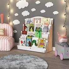 Odea Lucky Montessori Ahşap Çocuk Odası 4 Raflı Kitaplık (Meşe - Beyaz)