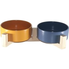Odea Kedi  Su Kabı Ahşap Standı ve Seramik Kasesi Yavru Evcil Hayvan Minimalist Design (Hardalmavi, Çiftli)
