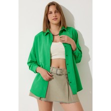 TeknoKapsül Happiness Istanbul Kadın Koyu Yeşil Oversize Uzun Basic Gömlek  DD00842