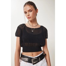 TeknoKapsül Happiness Istanbul Kadın Siyah Ajurlu Yazlık Crop Triko Bluz ZA00076