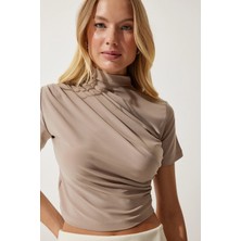 TeknoKapsül Happiness Istanbul Kadın Bej Büzgülü Dik Yaka Örme Bluz RC00150