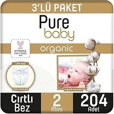 Nacario Pure Baby Organik Pamuklu Cırtlı Bez 3'lü Paket 2 Numara Mini 204 Adet