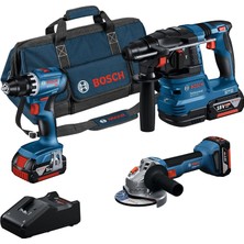 Nacario Bosch Professional Gsr 18V-45 Akülü Vidalama & Gws 18V-8 Akülü Taşlama & Gbh 185 Akülü Kırıcı Delici & 3x Gba 18V 4.0 Ah Akü & Gal 18V-40 Şarj Cihazı & M-Bag, Karton Kutuda