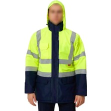 Nacario Cepli Reflektif Xl Beden Fosforlu Fermuarlı Kaban Kapüşonlu Parka Sarı Lacivert Kaban Işçi Parkası