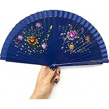 Nacario Coverzone Lacivert Zeminli Katlanabilir El Yelpazesi Pembe Sarı Çiçek Desenli Ahşap Saplı Dekoratif El Yelpazesi 40X22 cm Geleneksel Tasarım