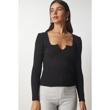 TeknoKapsül Happiness Istanbul Kadın Siyah Kare Yaka Triko Bluz YY00154