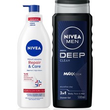 Nacario Nivea Men Erkek Deep Dimension Duş Jeli 500ML ve Repair&care Nemlendirici Vücut Losyonu 400ML, Kuru Cilt