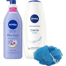 Nacario Creme Soft Duş Jeli 500ML ve Kiraz Çiçeği Nemlendirici Vücut Bakım Losyonu 400ML, Banyo Lifi Hediye