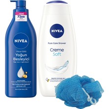 Nacario Creme Soft Duş Jeli 500ML ve Yoğun Besleyici Nemlendirici Vücut Sütü 400ML, Banyo Lifi Hediyeli