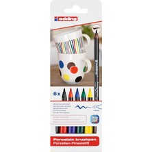 Nacario Edding 4200 Fırça Uçlu Porselen Kalemi - Siyah, Kırmızı, Mavi, Yeşil, Sarı, Kahverengi - 6 Kalem - Fırça Ucu 1-4 mm