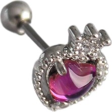 Nacario 316L Çelik Gümüş Renk Pembe Mineli Kalp Zirkon Taş Detaylı Taç Tragus Piercing - TJ-PR1263