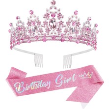 Nacario Supoo Pembe Doğum Günü Taçları Doğum Günü Kuşağı ve Taç Seti Doğum Günü Tiara Yapay Elmas Metal Taç Taraklı Parıltılı Doğum Günü Kız Kuşağı Kristal Kafa Bandı Prenses Tiaraları Kız Mutlu Doğum Günü