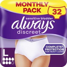Nacario Always Discreet Inkontinans Pantolon Beden L (32 Külot) Aylık Paket, Plus, Gizli Koruma ve Yüksek Gücü, Koku Nötralize Edici, 4 x 8 Adet