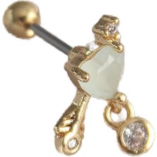 Nacario 316L Çelik Gold Renk Beyaz Mineli Kalp Sallantı Zirkon Taşlı Tragus Piercing - TJ-PR1228