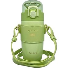Nacario Diller 360ML Moda Deri Kılıflı Pipetli Askılı Pastel Renkli Paslanmaz Çelik Termos Matara (Yeşil)