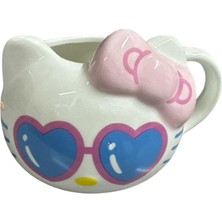 Nacario Hello Kitty Porselen Kupa, Pembe Fiyonklu, Kalp Şeklinde Gözlüklü, 500 ml