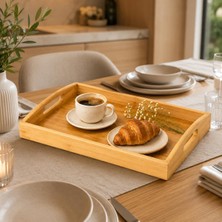 Nacario %100 Doğal Bambu Servis Tepsisi 33 x 22 Cm, Kulplu Kahvaltı Tepsisi, Çay ve Kahve Sunum Tepsisi, Hafif ve Dayanıklı Çok Amaçlı Bambu Tepsi