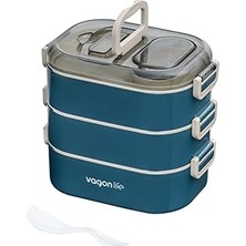 Nacario Vagonlife Bento 1450ML Lunchbox Üç Katlı 5 Bölmeli ve Mini Sosluklu Çelik Sefer Tası Yemek Kutusu (Lacivert)