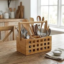 Nacario Deconox 4 Bölmeli Saplı Doğal Bambu Çatal Bıçak Sepeti - Çok Amaçlı Masaüstü Organizer Mutfak Düzenleyici ve Kalemlik Standı (23X15 Cm)