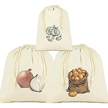 Nacario Stonehill Patates, Soğan ve Sarmısak Saklama Torbası, 3'lü Set, Ham Bez Kumaş, Çekme Ipli