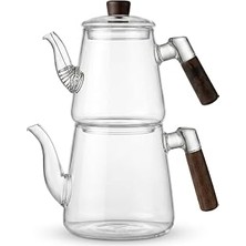 Nacario Deconox 1000 ml + 750 ml Akasya Ahşap Kulplu Cam Çaydanlık Takımı - Isıya Dayanıklı Borosilikat Pürüzsüz Şeffaf Tasarım, Yaylı Süzgeçli Lüks Çaydanlık